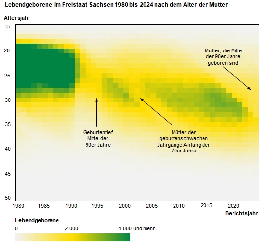 Die Abbildung des Typ Heatmap verdeutlicht das hohe Geburtenniveau vor allem junger Mütter vor 1990, den drastischen Rückgang der Geburtenzahlen nach der Wiedervereinigung und die Entwicklung des Anstieges des Durchschnittsalters der Mütter.