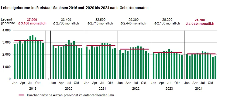 Die Balkengrafik zeigt die monatliche Zahl der Lebendgeborenen in den ausgewählten Jahren. Im 1. Quartal Jahr 2016 wurden im Durchschnitt pro Monat noch 3.160 Kinder lebend geboren, im 1. Quartal 2024 waren es durchschnittlich monatlich 1.100 Kinder wenig