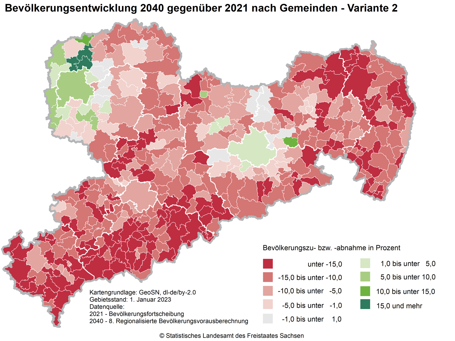 Die Karte zeigt die prozentuale Bevölkerungsentwicklung der Gemeinden in Sachsen von 2022 bis 2040 laut Variante 2 der 8. RBV. Für die Mehrzahl der sächsischen Gemeinden wird bis 2040 ein Bevölkerungsrückgang erwartet. 